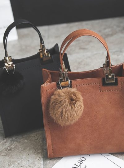 Women’s Suede Leather Handbag with Fur Ball